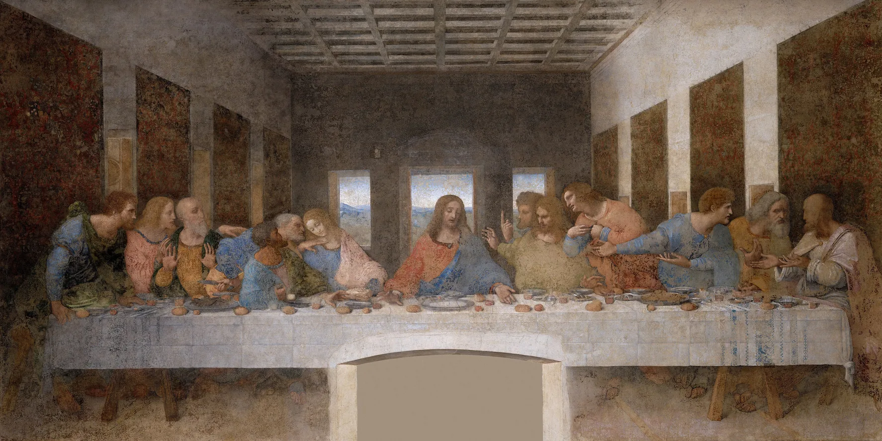 Leonardo da Vinci’s Last Supper: Christ and the twelve apostles around the table of the last meal.