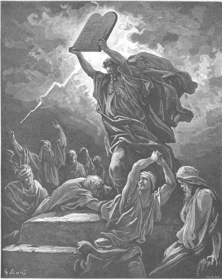 Photographie d’archive de la version précédente : gravure : Moïse, barbu, lève les tables de la Loi au-dessus de sa tête pour les briser.