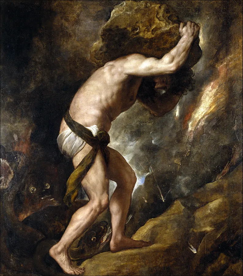 Photographie d’archive de la version précédente : peinture de Titien : Sisyphe gravit une pente, un énorme rocher sur les épaules.
