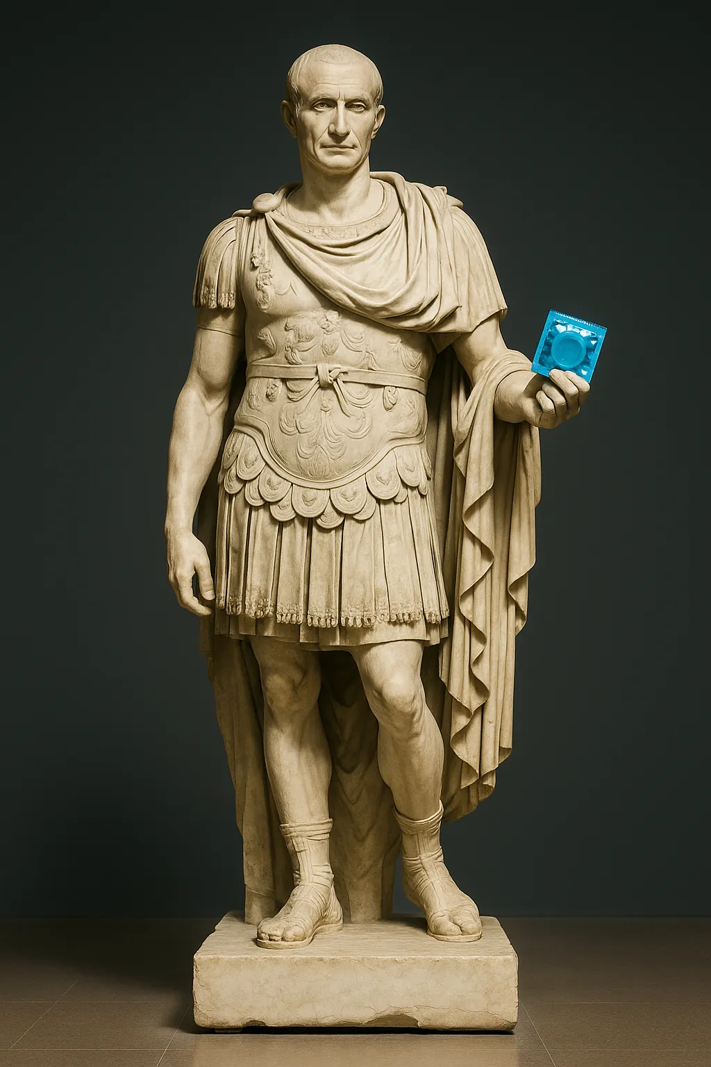 Jules César debout, en cuirasse et manteau militaire, présente de la main gauche un préservatif dans son emballage bleu.