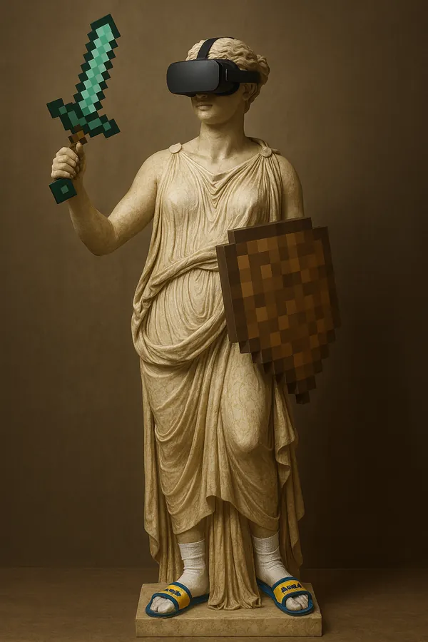 Thémis, allégorie de la Justice, porte un casque de réalité virtuelle, une épée et un bouclier pixelisés, des chaussettes blanches et des claquettes.