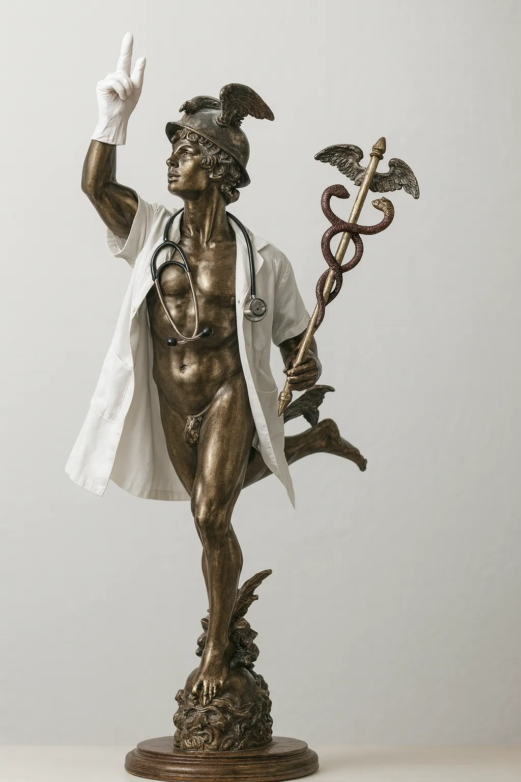 Mercure en bronze, casque ailé, en blouse de médecin ouverte et stéthoscope, lève un index dans un gant blanc et tient son caducée.