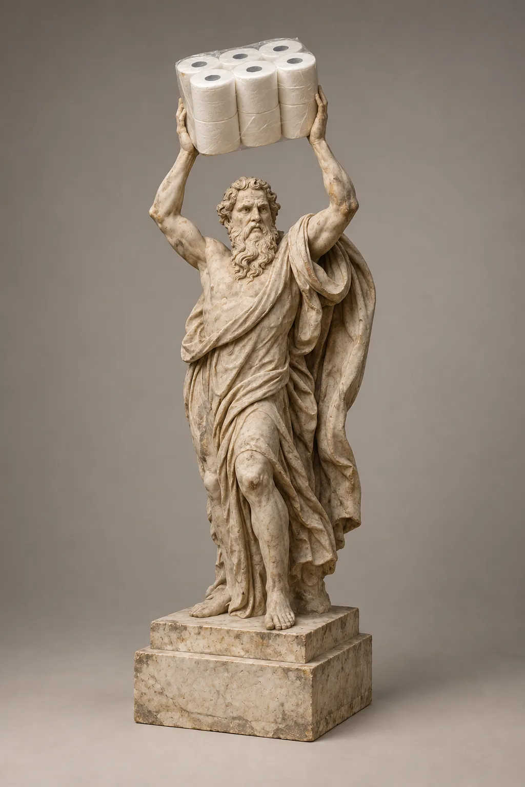 Moïse, barbu et drapé, le visage courroucé, brandit au-dessus de sa tête, prêt à le fracasser, un paquet de douze rouleaux de papier toilette.