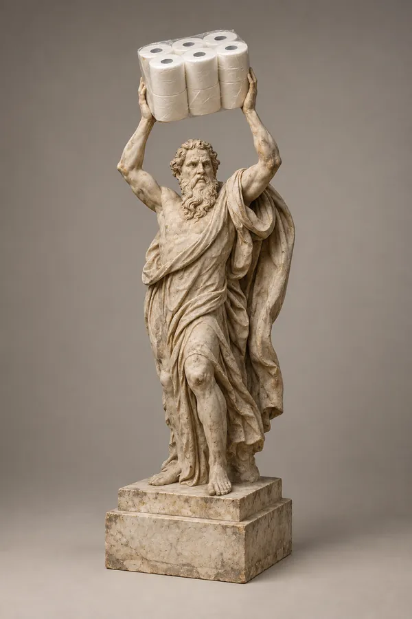 Moïse, barbu et drapé, le visage courroucé, brandit au-dessus de sa tête, prêt à le fracasser, un paquet de douze rouleaux de papier toilette.