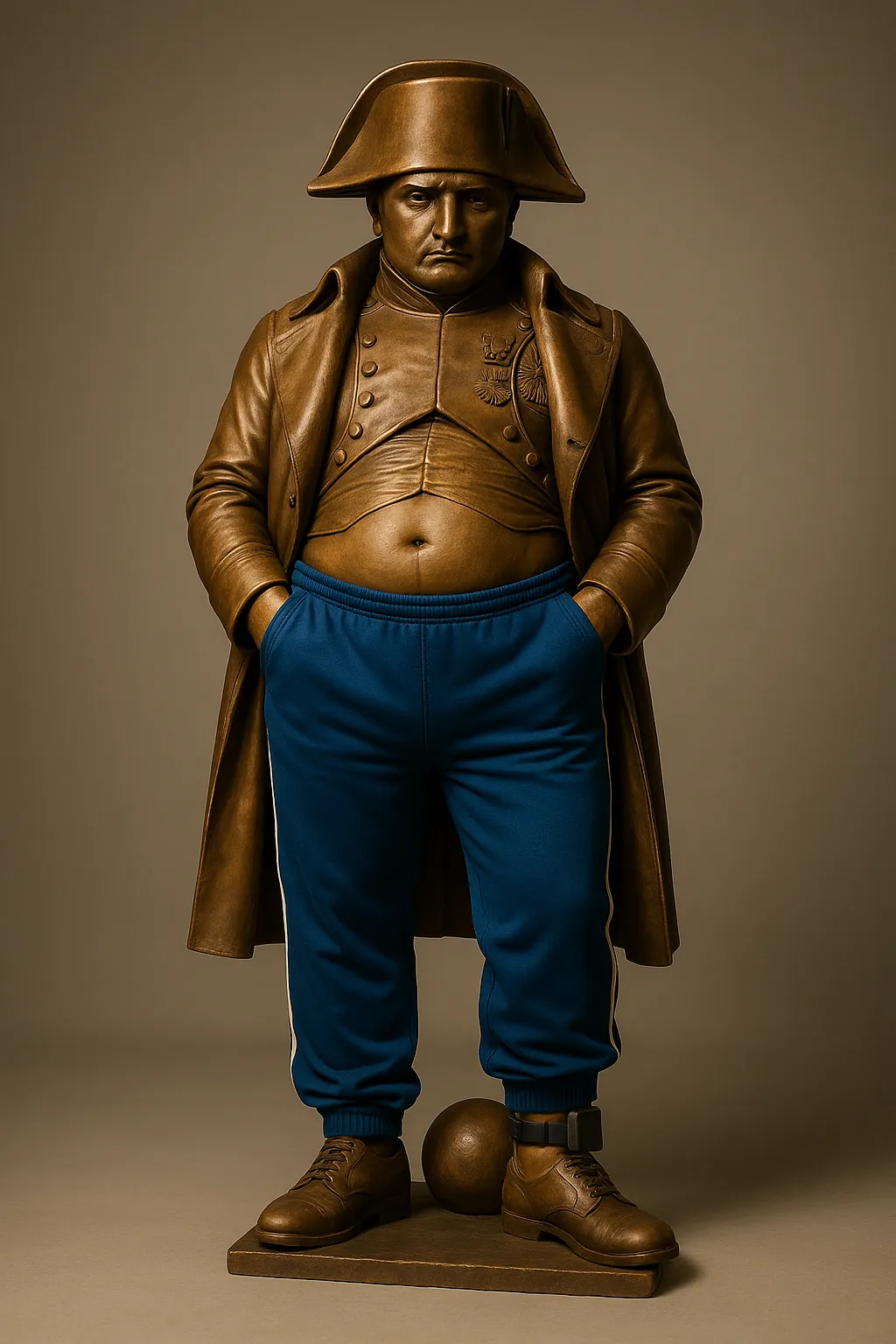Napoléon en bronze, bicorne et redingote ouverte sur un ventre rond, jogging bleu, mains dans les poches, bracelet électronique à la cheville et boulet au pied.