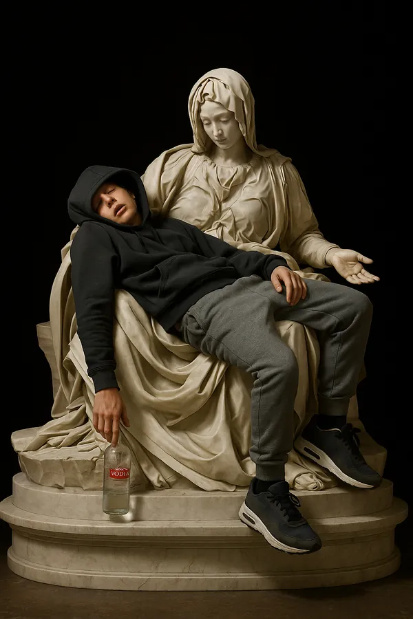 Une Vierge de marbre, le visage baissé, tient sur ses genoux un jeune homme endormi en sweat à capuche, jogging et baskets, une bouteille de verre à la main.