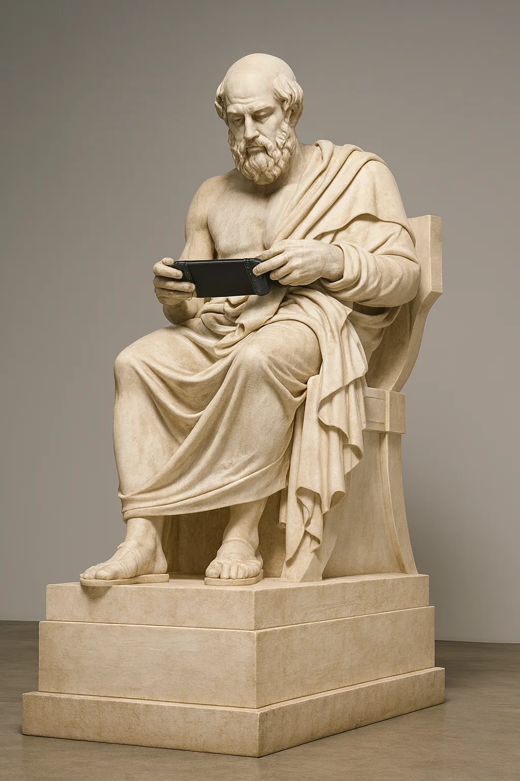 Platon assis sur un siège de pierre, en toge, la tête baissée, absorbé par une console de jeu portable qu’il tient à deux mains.