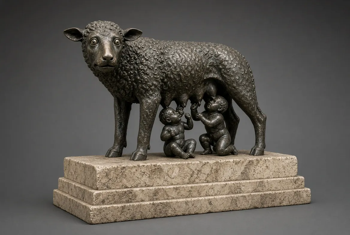 Une brebis de bronze à la toison bouclée allaite deux enfants assis sous son ventre, sur un socle de pierre à trois degrés.