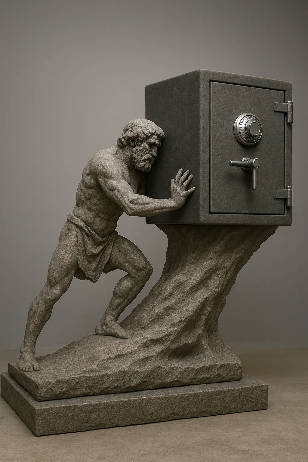 Sisyphe, penché en avant, les jambes tendues sur une pente rocheuse, pousse de l’épaule et des mains un lourd coffre-fort en acier.
