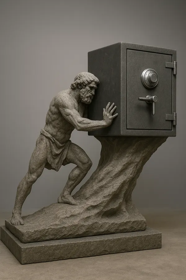 Sisyphe, penché en avant, les jambes tendues sur une pente rocheuse, pousse de l’épaule et des mains un lourd coffre-fort en acier.