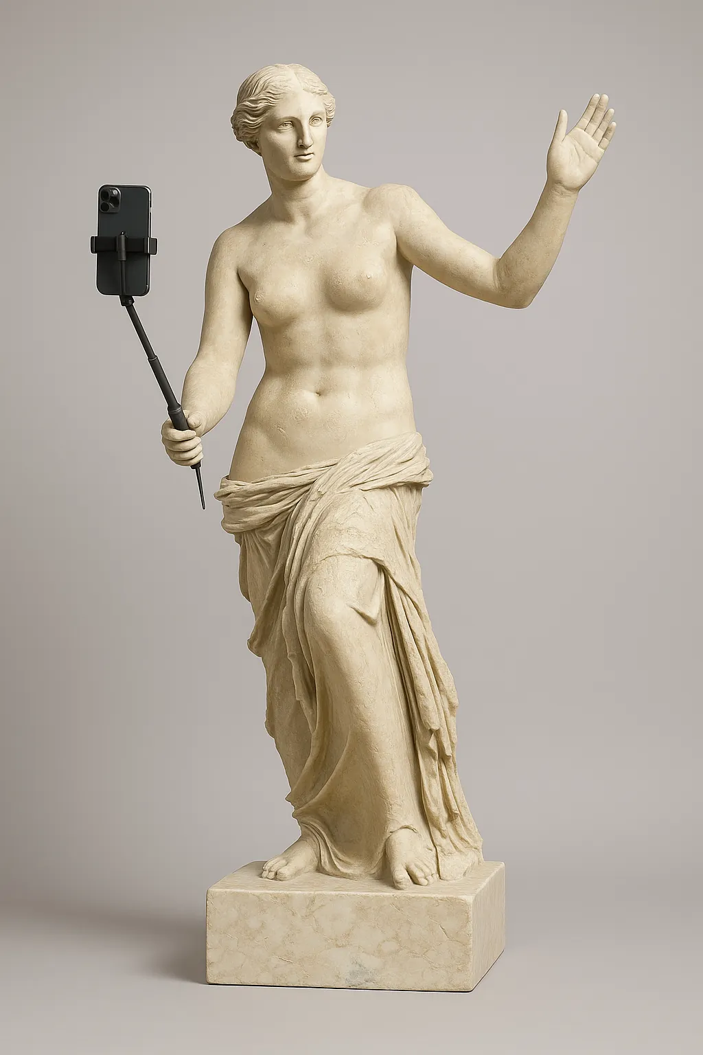 La Vénus de Milo, drapée à la taille, avec ses deux bras : l’un tient une perche à selfie et un téléphone, l’autre fait un signe de la main.