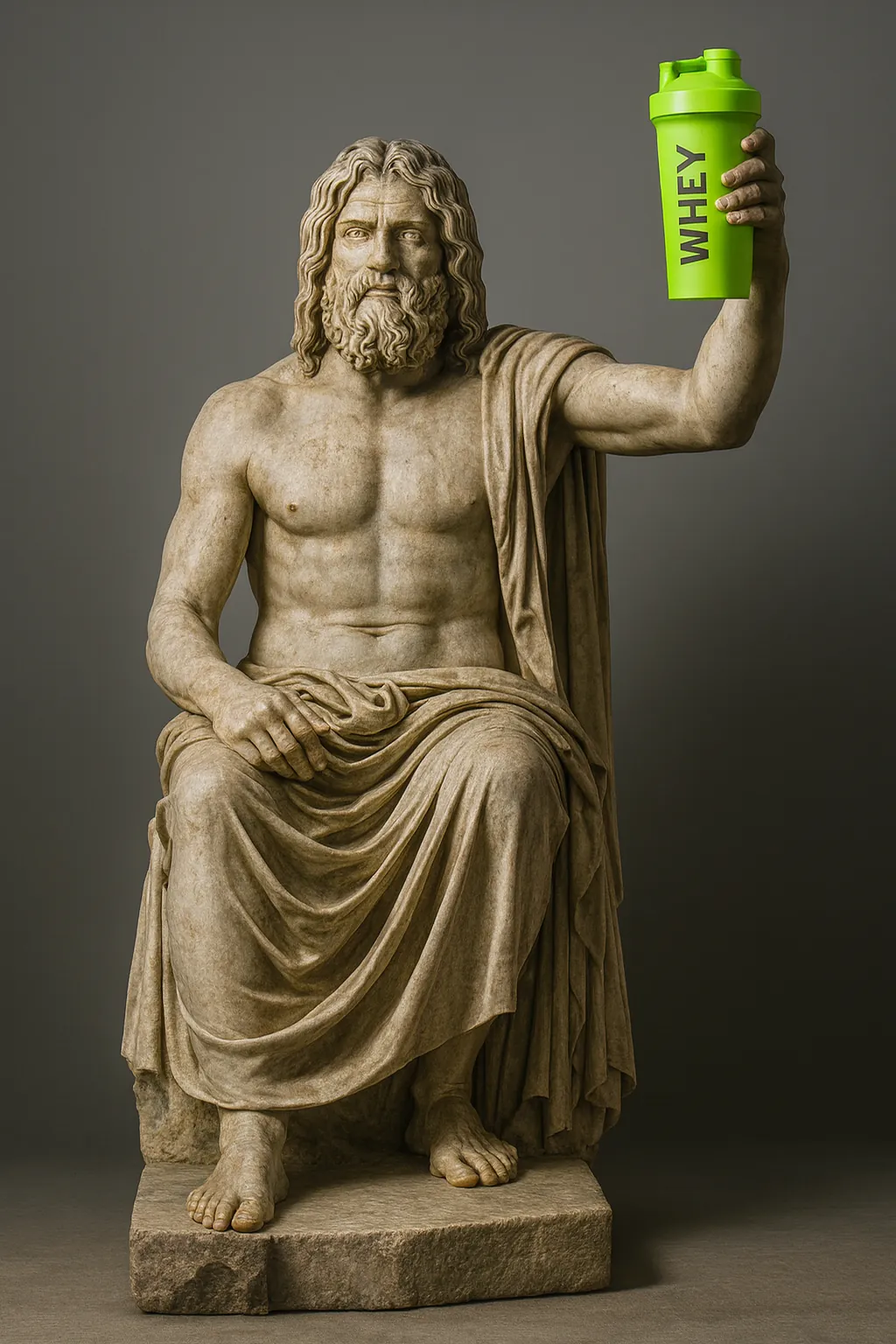 Zeus en marbre, assis sur un bloc, torse nu et drapé, lève à bout de bras un shaker vert fluo marqué « WHEY ».