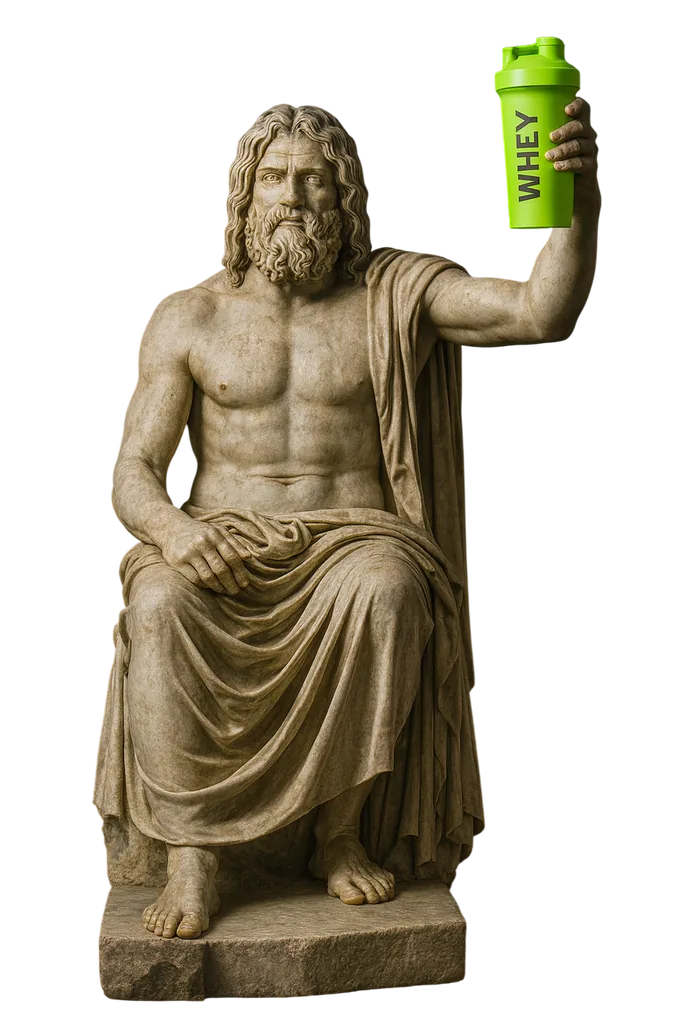 Marble Zeus, seated on a block, bare-chested and draped, holding aloft a neon-green shaker bottle marked ‘WHEY’.